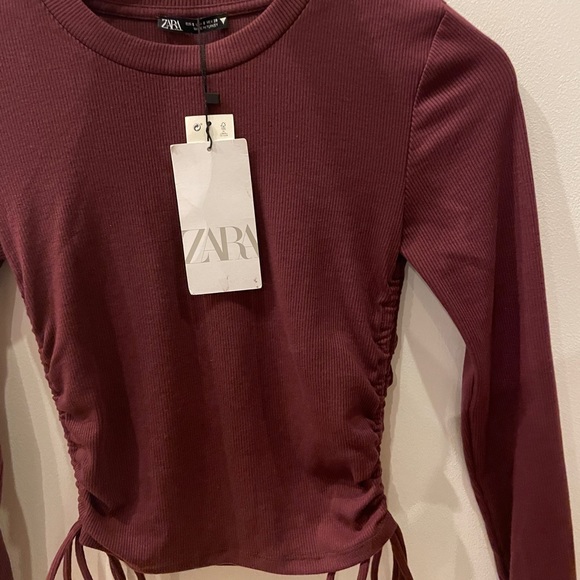 ZARA RIBBED GATHER DETAIL TOP Burgundy - Picture 12 of 12